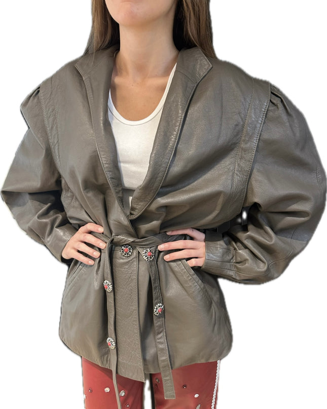 Blouson vintage en cuir – Couleur Kaki – Taille Unique