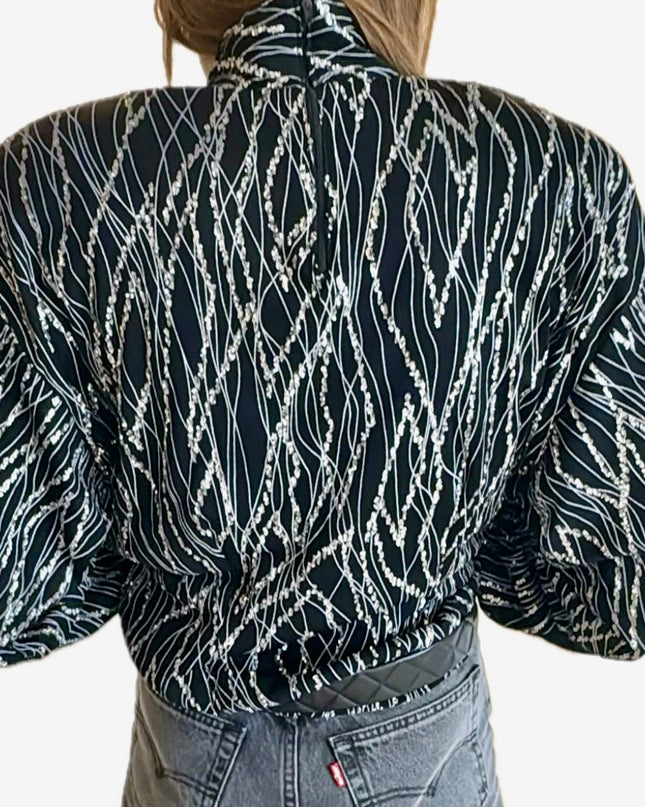 Top épaulé vintage à motif strassé – Taille Unique
