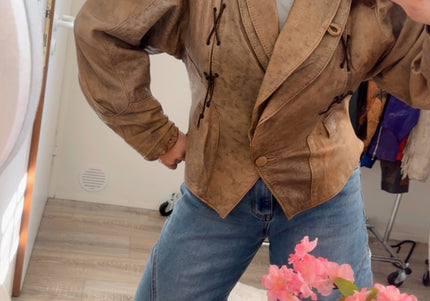 Blouson vintage en cuir effet froissé tie & dye – taille unique