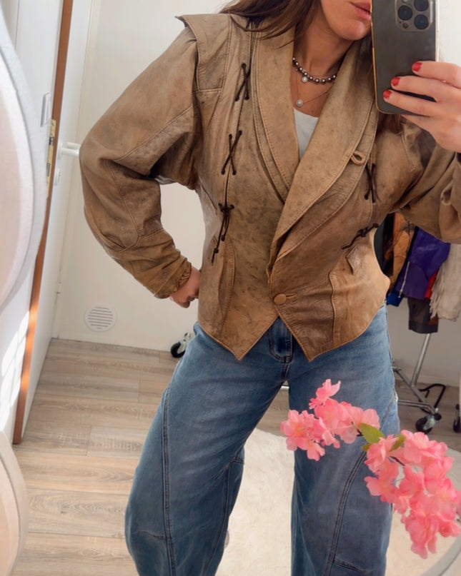 Blouson vintage en cuir effet froissé tie & dye – taille unique