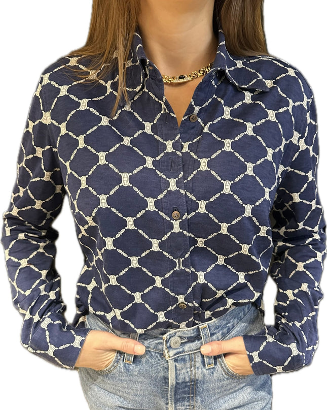 Chemisier vintage Céline – Coton bleu marine – Taille 38