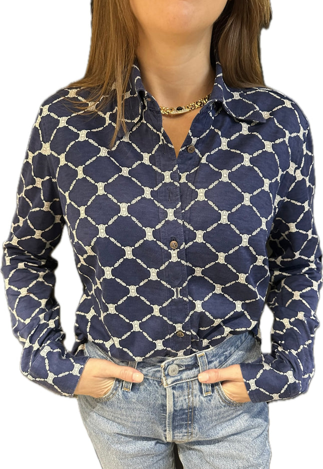 Chemisier vintage Céline – Coton bleu marine – Taille 38