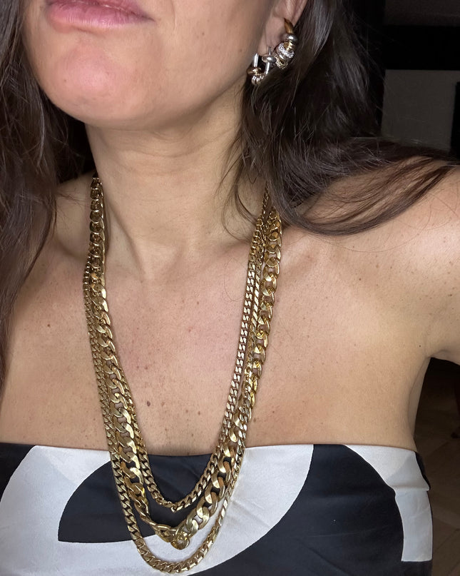Collier vintage à triple chaîne dorée – Pièce statement