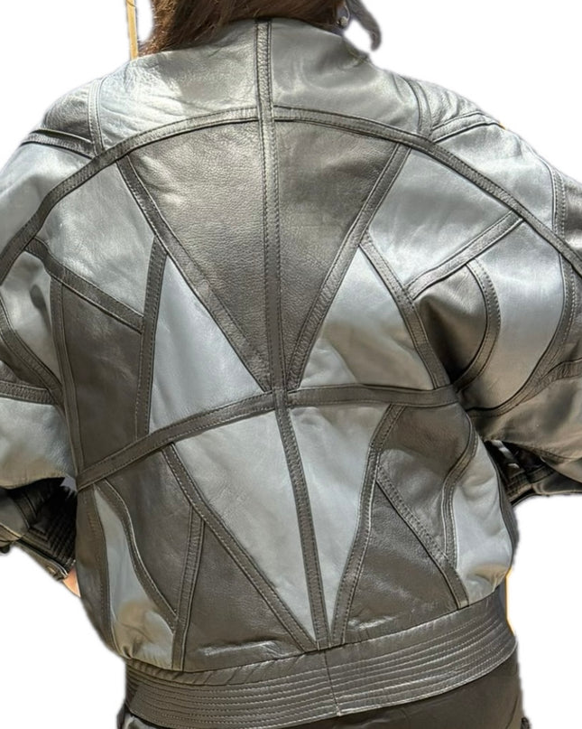 Blouson en cuir vintage patchwork – Gris & Noir (Taille unique)