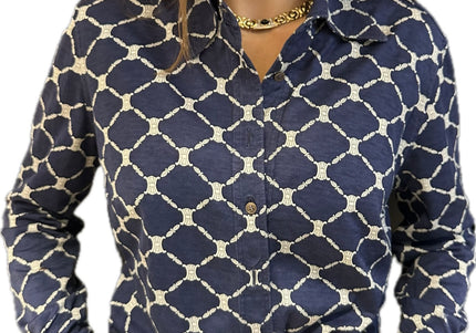 Chemisier vintage Céline – Coton bleu marine – Taille 38