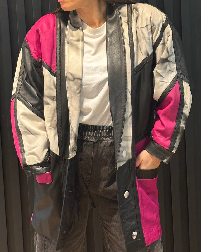 Veste longue en cuir vintage patchwork – Pièce unique