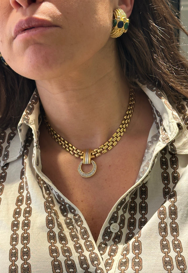 Collier vintage en maille dorée – pendentif anneau – pièce unique