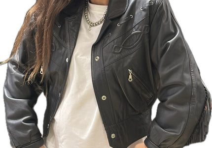 Blouson vintage en cuir à franges – Taille unique