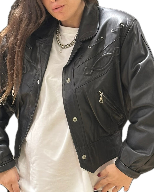 Blouson vintage en cuir à franges – Taille unique