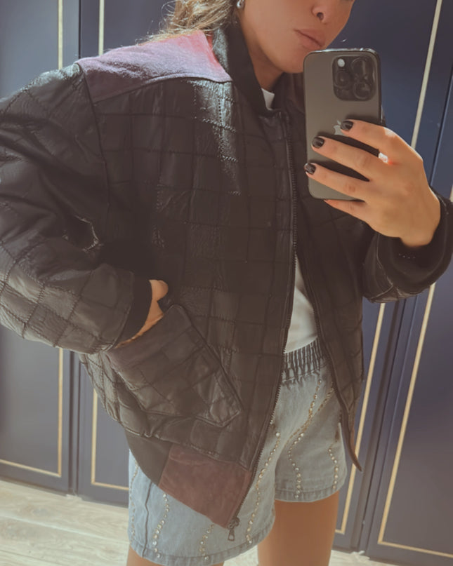 Blouson vintage en cuir patchwork noir et violet – Taille unique