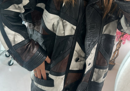 Veste en cuir patchwork marron tie&dye