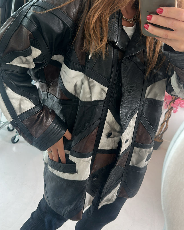 Veste en cuir patchwork marron tie&dye