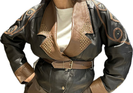 Blouson en cuir vintage noir et marron – Taille unique