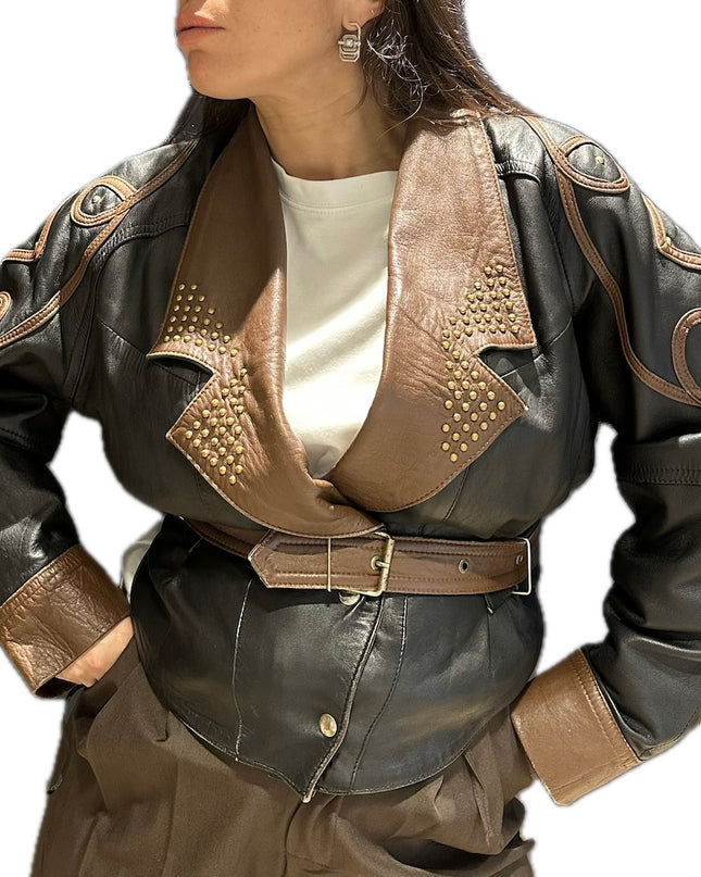 Blouson en cuir vintage noir et marron – Taille unique