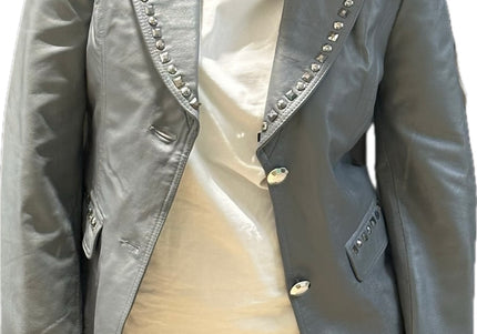 Blazer en cuir gris perlé vintage à strass – Taille unique