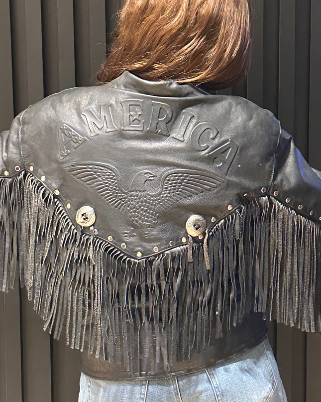 Perfecto Vintage en Cuir Noir à Franges – Esprit Western – Pièce Unique