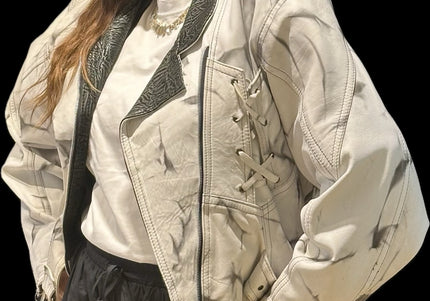 Blouson en cuir vintage tie & dye noir et blanc – Taille unique
