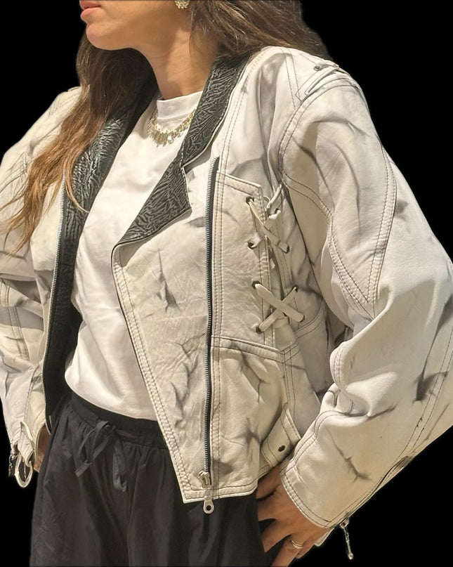Blouson en cuir vintage tie & dye noir et blanc – Taille unique