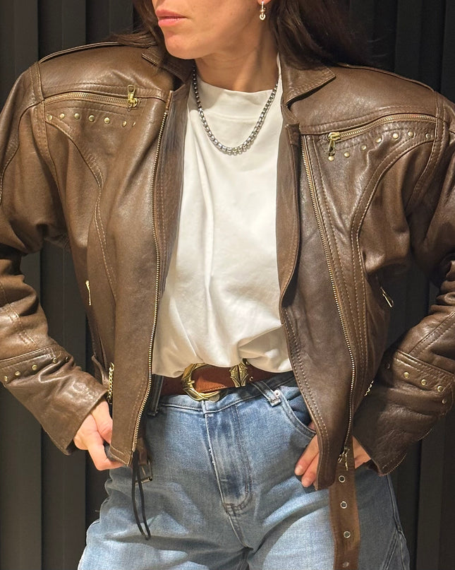 Veste Vintage en Cuir Marron – Esprit Biker – Pièce Unique