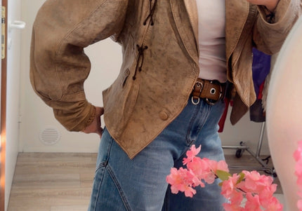 Blouson vintage en cuir effet froissé tie & dye – taille unique