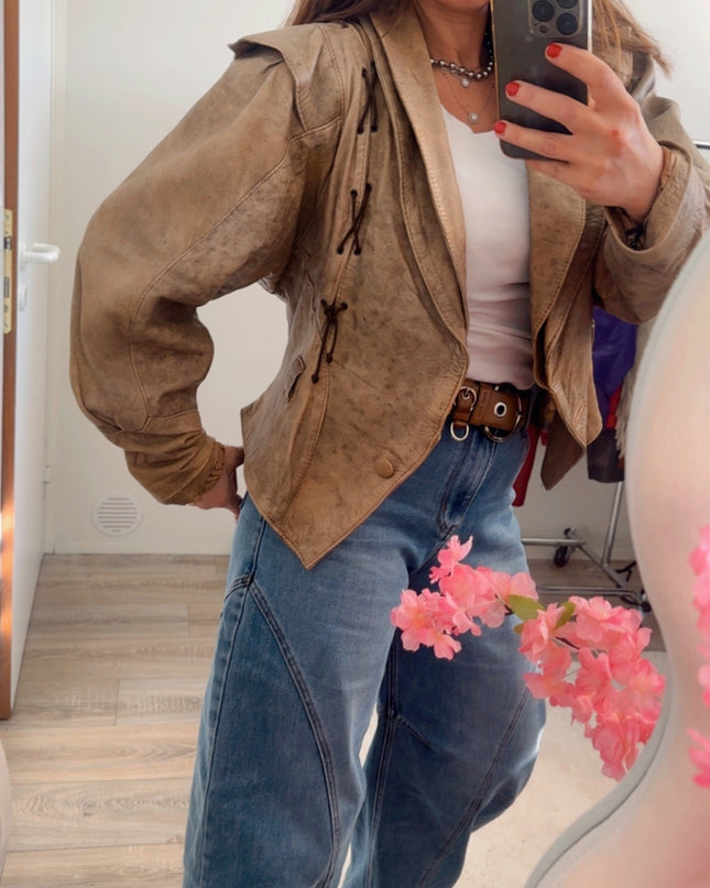 Blouson vintage en cuir effet froissé tie & dye – taille unique
