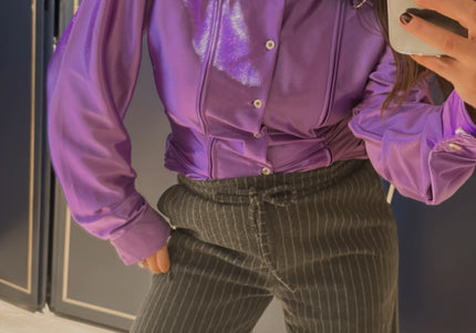 Chemisier vintage violet métallisé customisé – Taille unique