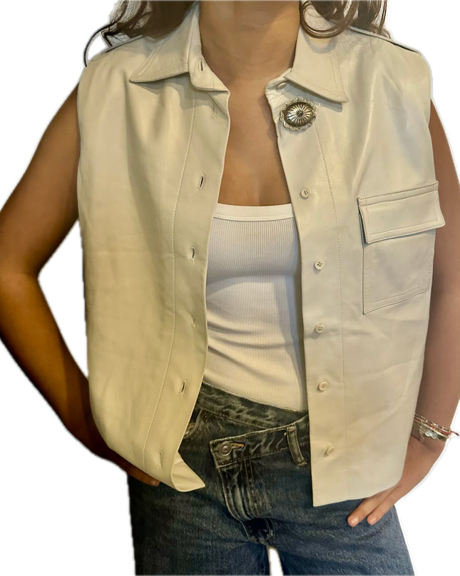 Veste sans manches Yves Saint Laurent Vintage – Cuir blanc cassé (customisée)