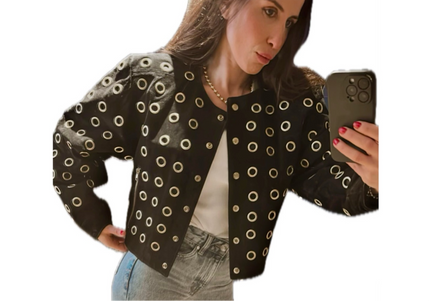 BLOUSON EN CUIR VINTAGE DAIM NOIR & ŒILLETS DORÉS