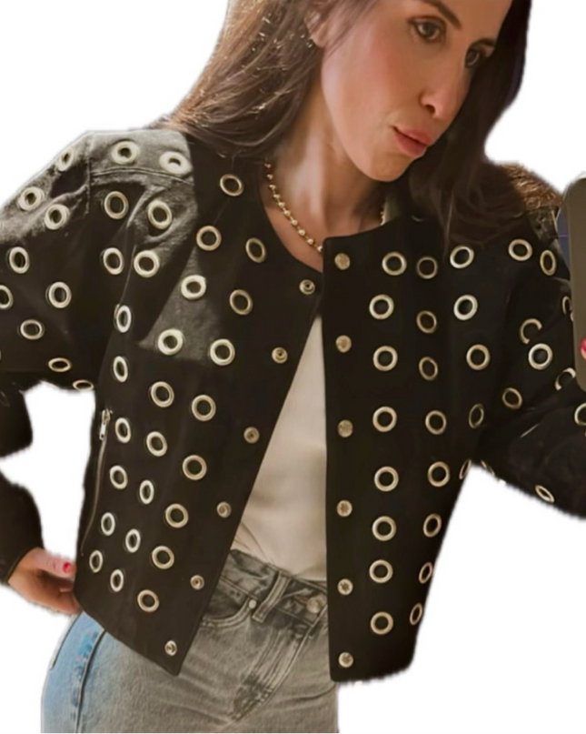 BLOUSON EN CUIR VINTAGE DAIM NOIR & ŒILLETS DORÉS