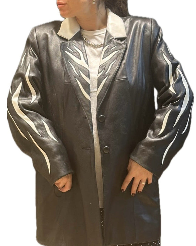 Veste vintage en cuir noir et blanc – Imprimé ZÈBRE – Taille unique