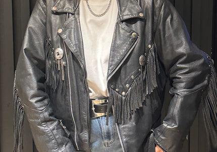 Perfecto Vintage en Cuir Noir à Franges – Esprit Western – Pièce Unique