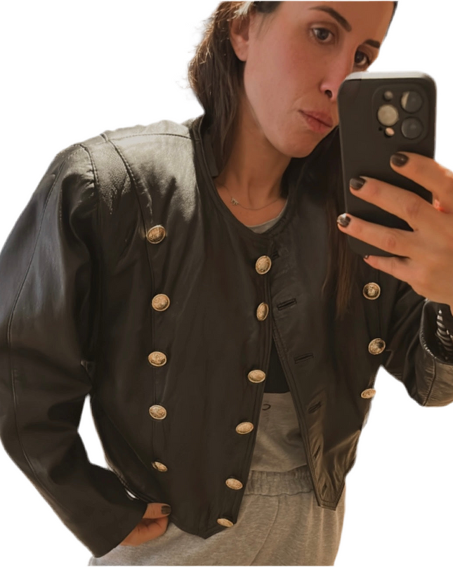 BLOUSON EN CUIR NOIR BOUTONS DORÉS