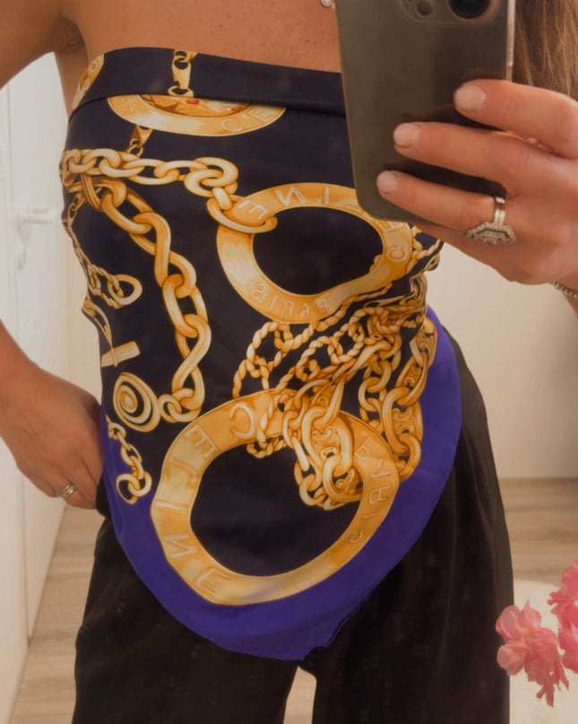 Foulard vintage Céline – motif chaînes & ceintures