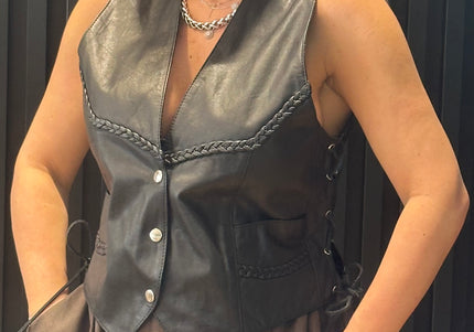 Veste sans manches vintage en cuir avec laçages – taille unique