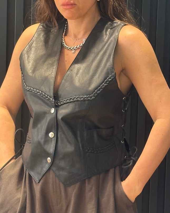 Veste sans manches vintage en cuir avec laçages – taille unique