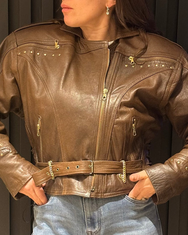Veste Vintage en Cuir Marron – Esprit Biker – Pièce Unique