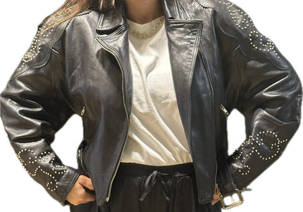 Blouson en cuir vintage clouté – Taille unique