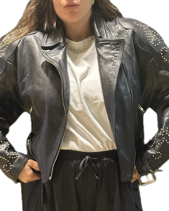 Blouson en cuir vintage clouté – Taille unique