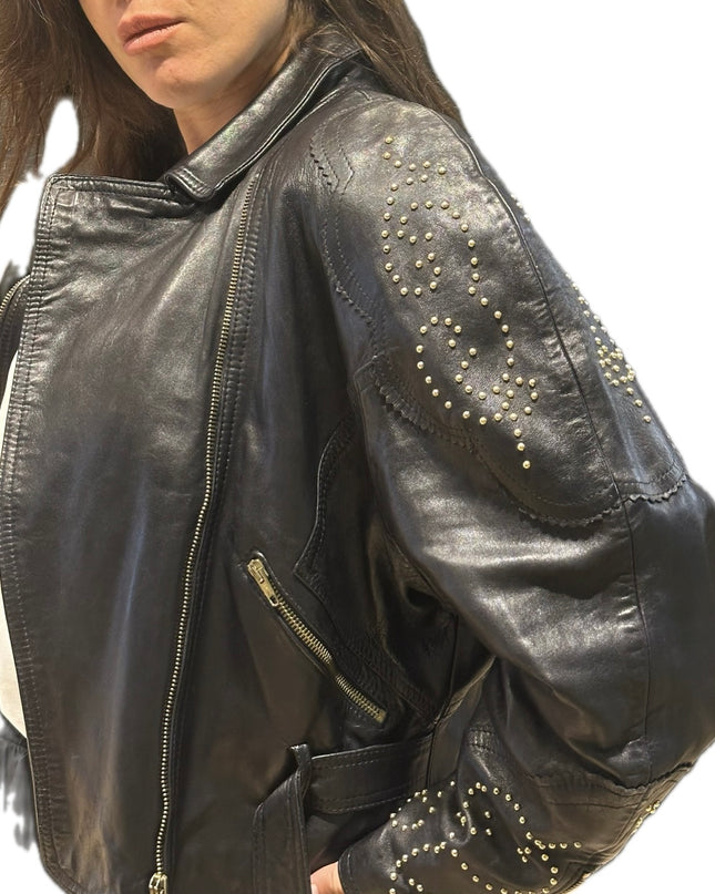 Blouson en cuir vintage clouté – Taille unique