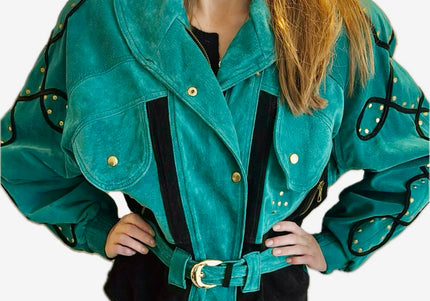 Blouson en daim vintage – Mix green & black, ceinturé à la taille (Taille Unique)