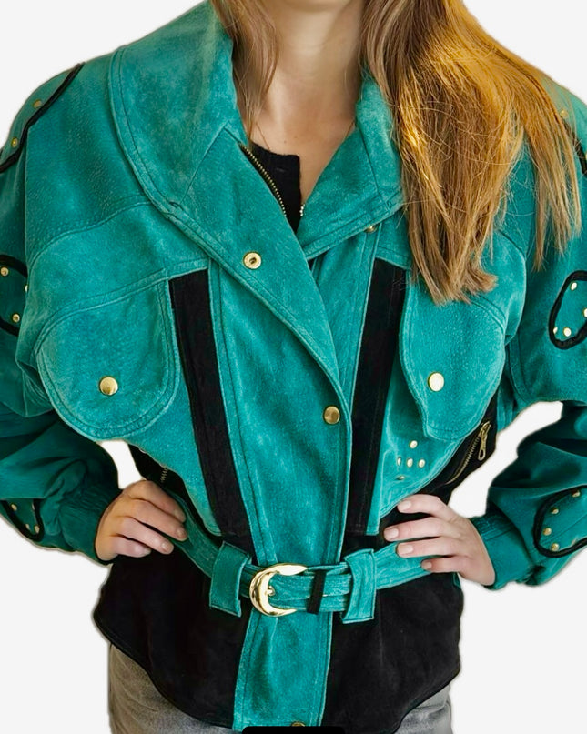 Blouson en daim vintage – Mix green & black, ceinturé à la taille (Taille Unique)