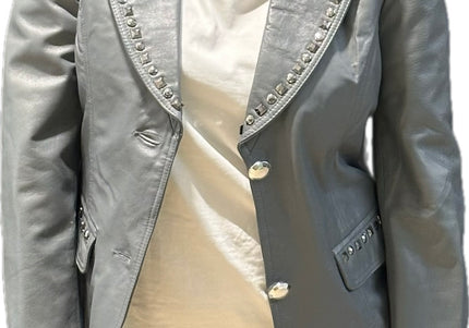 Blazer en cuir gris perlé vintage à strass – Taille unique