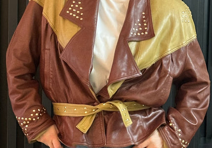 Veste vintage en cuir pistache & marron chocolat — Taille unique