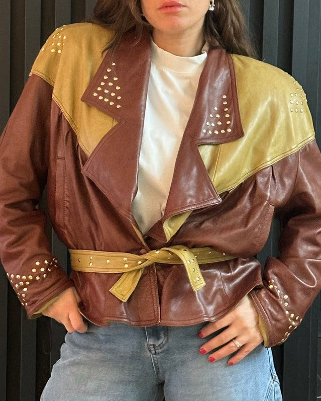 Veste vintage en cuir pistache & marron chocolat — Taille unique