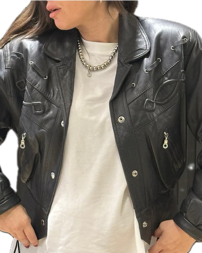 Blouson vintage en cuir à franges – Taille unique