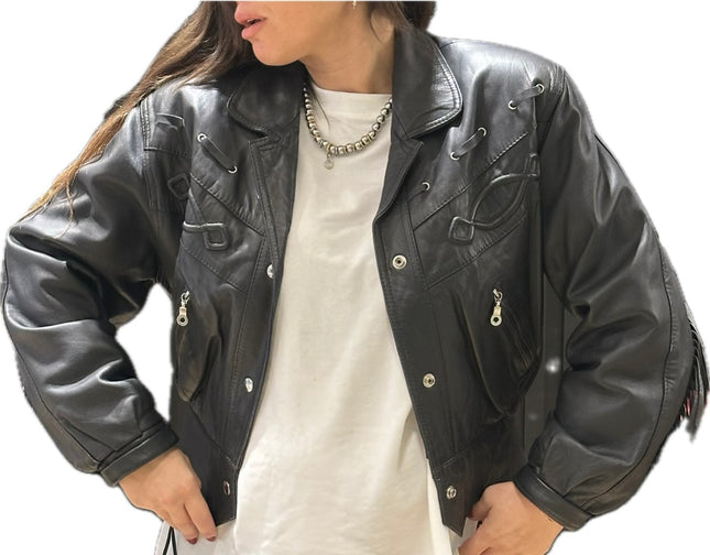 Blouson vintage en cuir à franges – Taille unique
