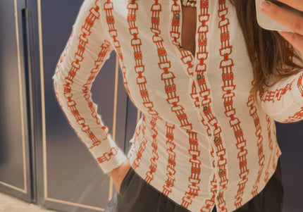 Chemise Céline Vintage en coton – Logo Triomphe rouge – Taille 36