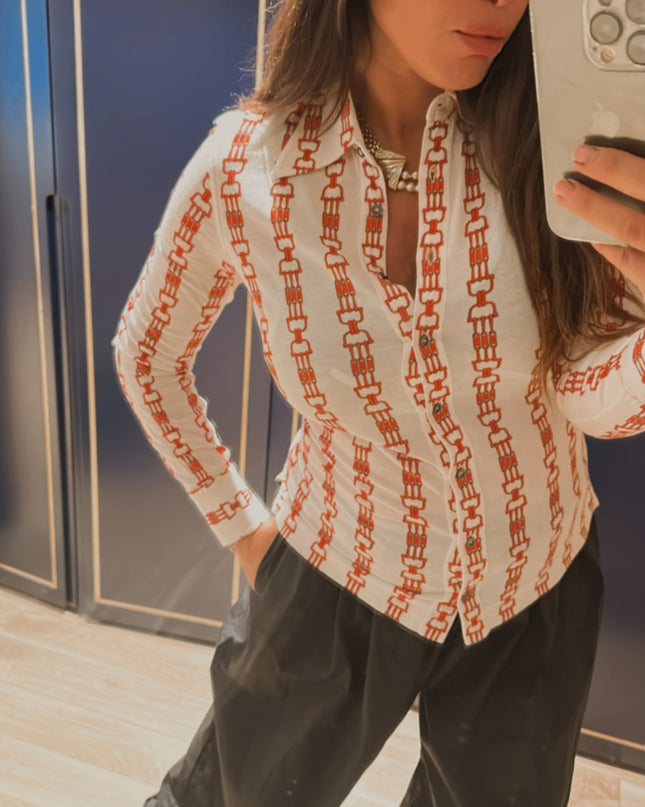 Chemise Céline Vintage en coton – Logo Triomphe rouge – Taille 36