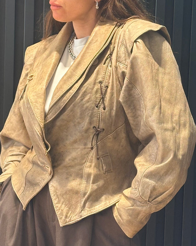 Blouson vintage en cuir effet froissé tie & dye – taille unique