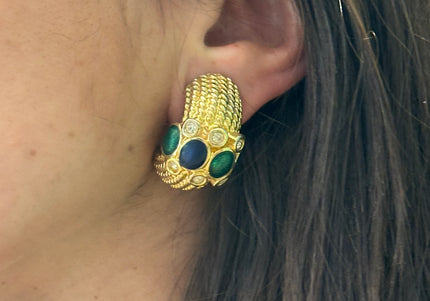 Boucles d’oreilles vintage à clips dorées – pierres bleues & vertes – pièce unique